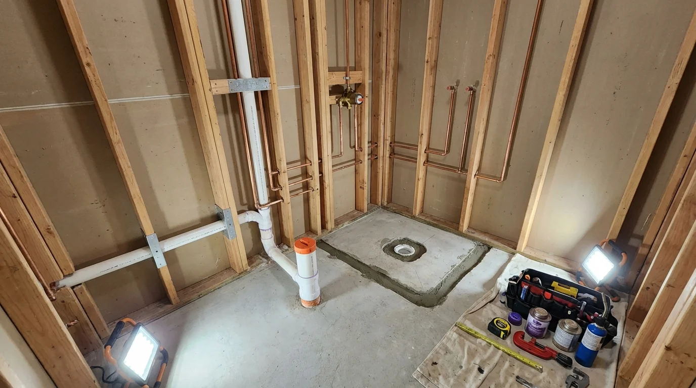 Bathroom rough-in plumbing during remodel by Johns Plumbing LLC in West Lafayette