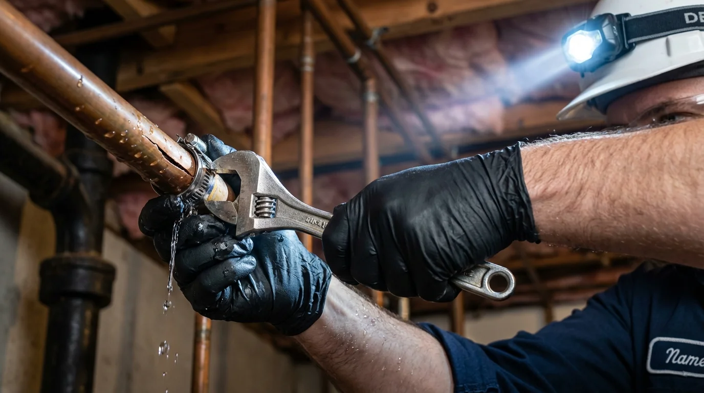 Emergency pipe clamp repair being performed by a Johns Plumbing LLC plumber in West Lafayette