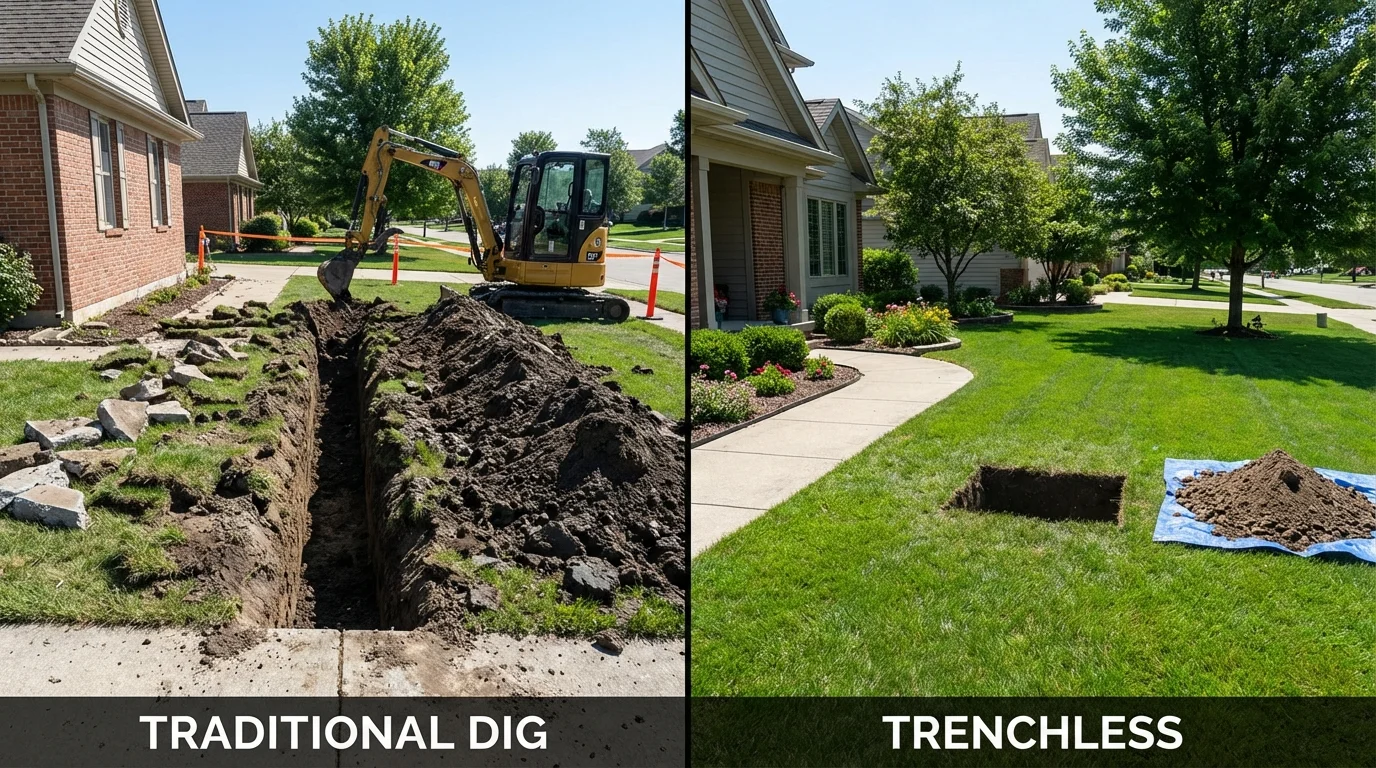 Trenchless sewer repair with minimal yard damage versus traditional excavation in West Lafayette, IN