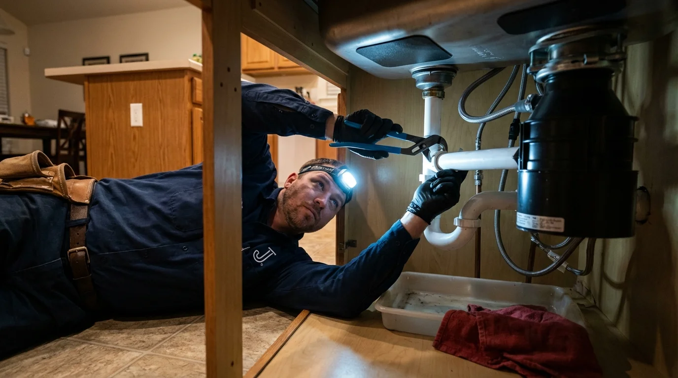 P-trap and supply line connections under a kitchen sink showing a common leak point in West Lafayette, IN